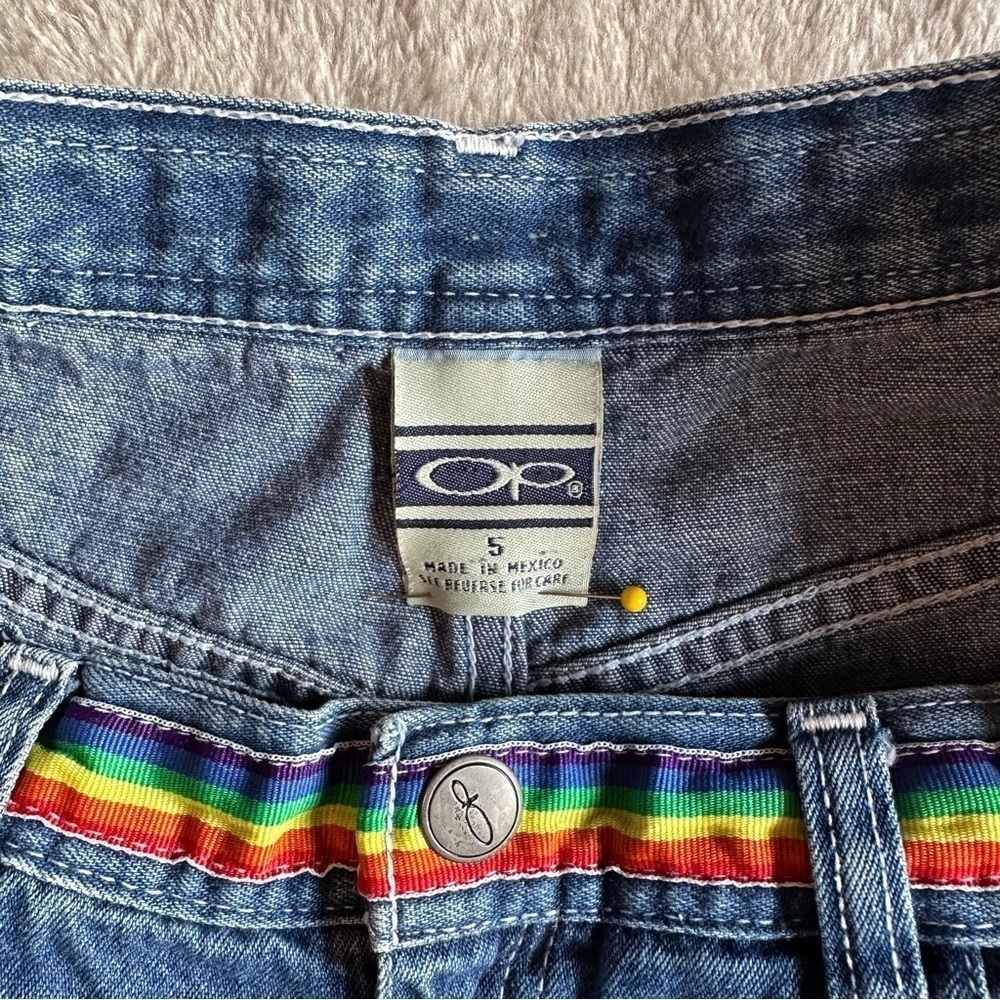 Vintage Ocean Pacific Denim Shorts Size 5 Rainbow Belt Retro OP Jean Shorts - Picture 3 of 7